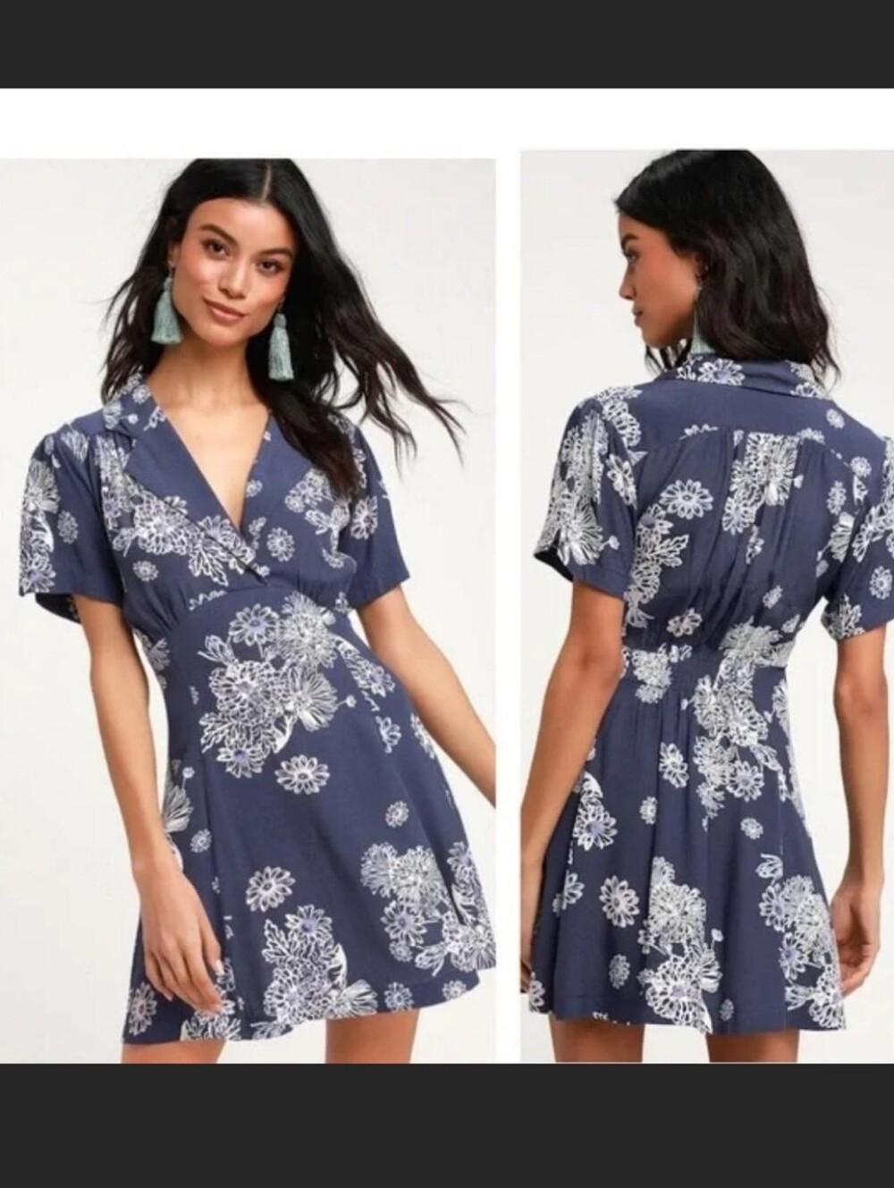 Free People Navy/White Floral Hawaii Washed Mini Dress Size M